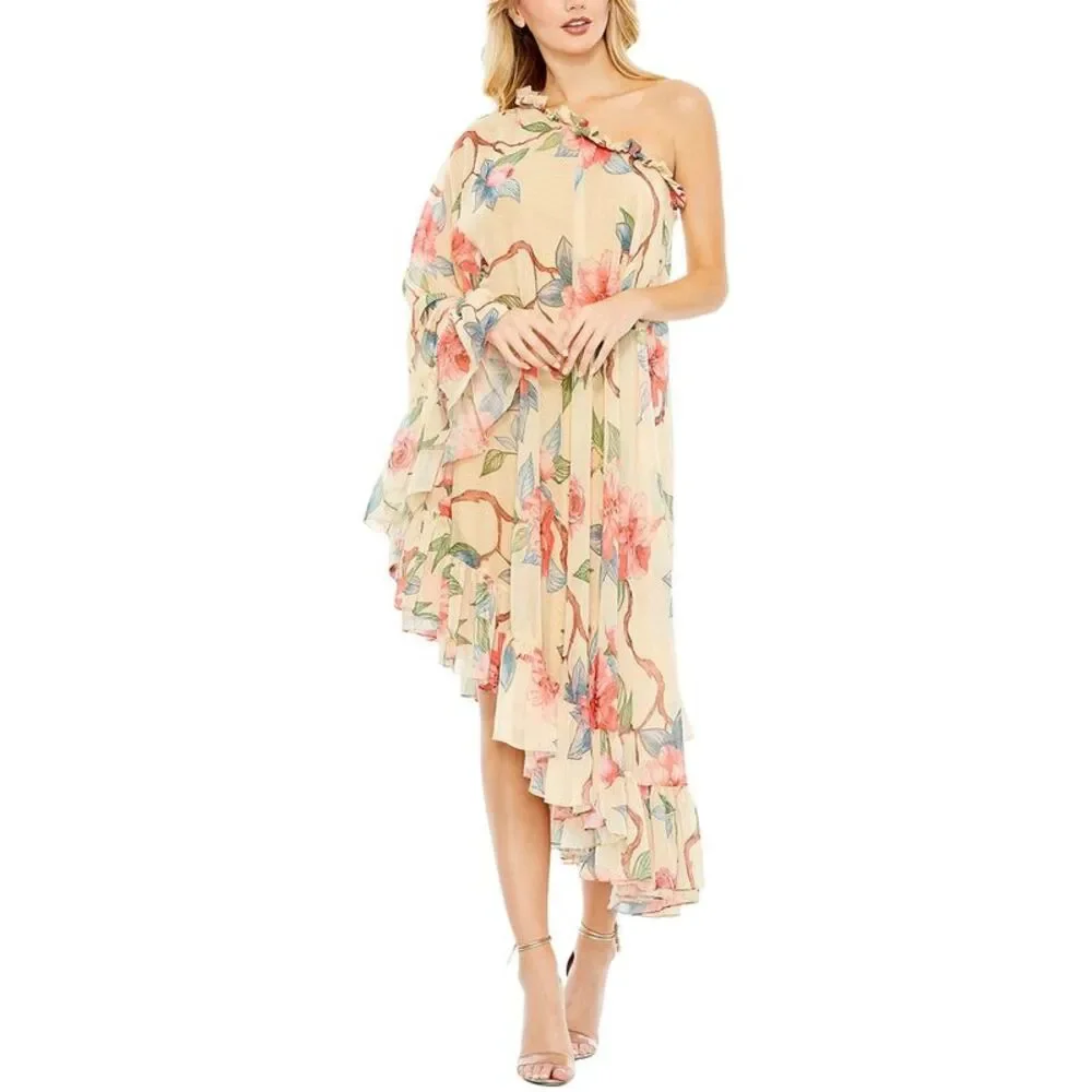 Mac Duggal Cream One-Shoulder Floral Ruffled Long Sleeve Dress - Picture 1 of 4